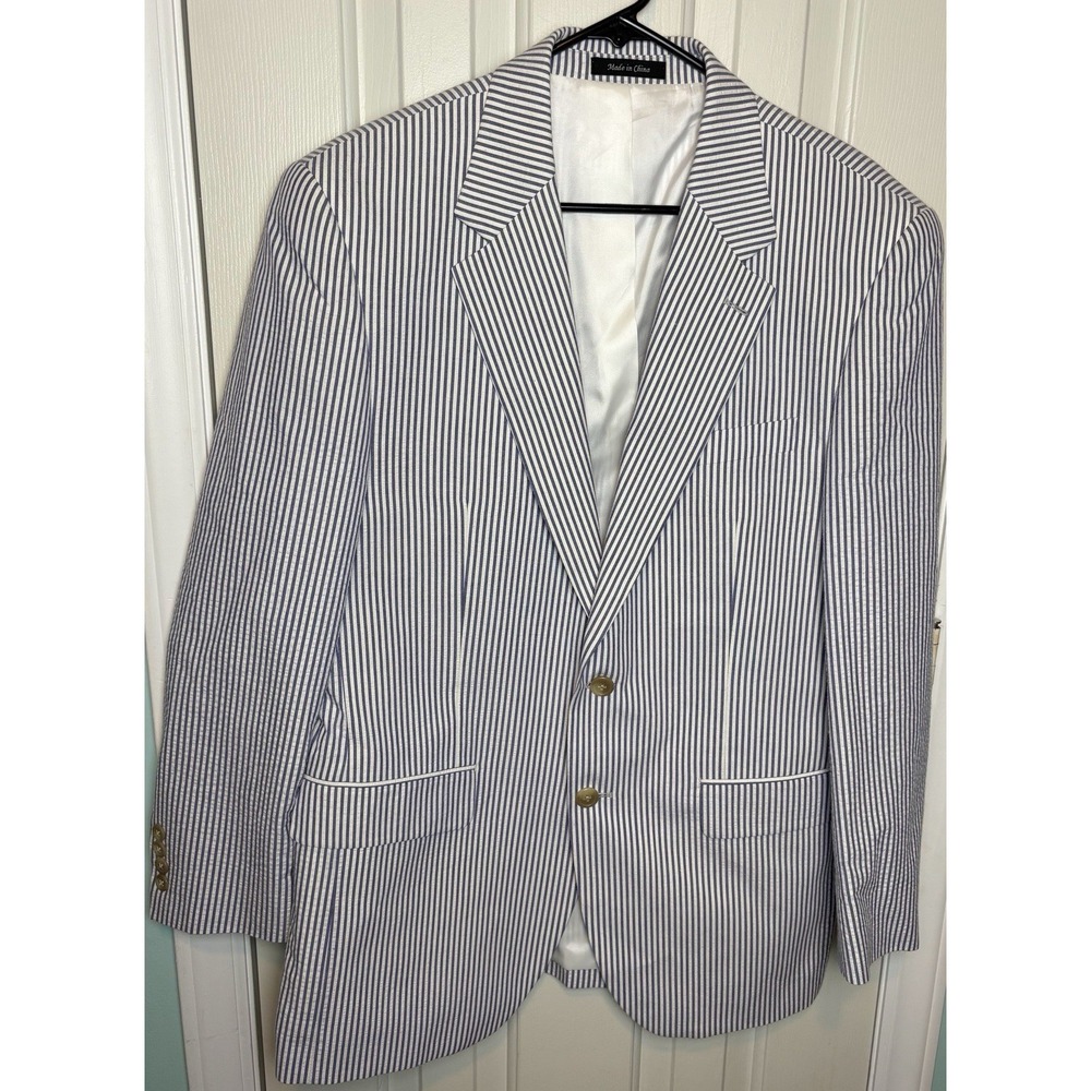 Chaps Men's Sport Coat Blazer 2 Button Beige Seersucker Navy Striped Cotton 40R